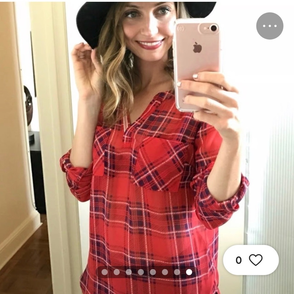 Skies Are Blue Red Plaid V-Neck Tunic